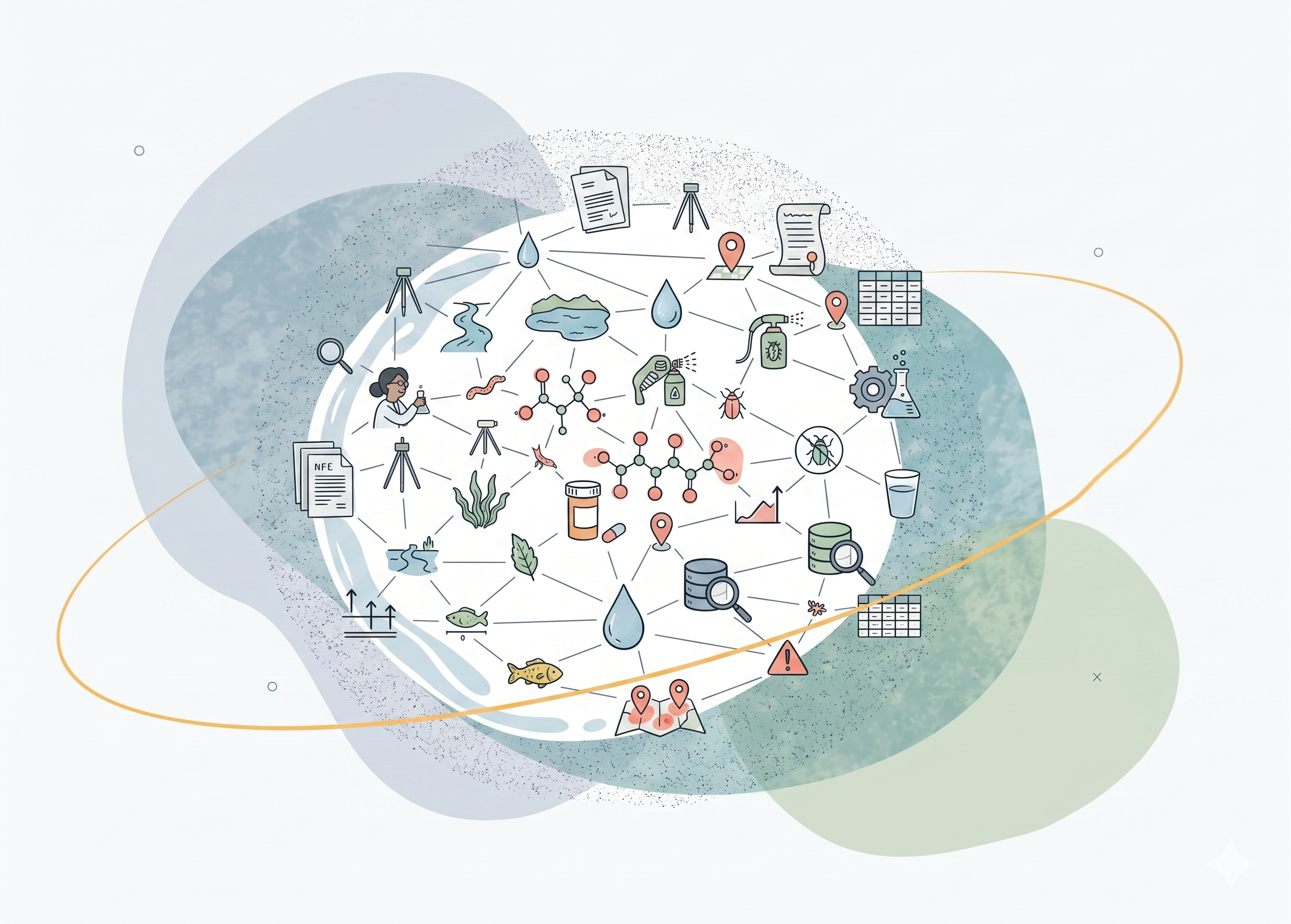Conceptual illustration of ECMonitor linking contaminants, sites, records, and literature.